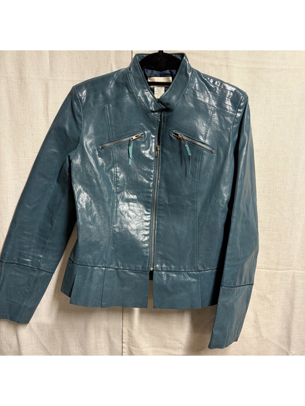 Newport News Womens Teal Leather Full-Zip Motorcycle Jacket Size 12
